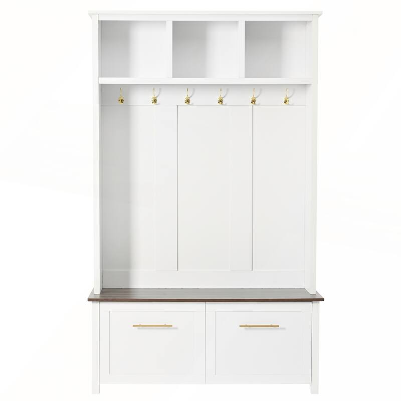 Versatile 4-in-1 Hall Tree with 6 Golden Hooks and Wood Grain Bench