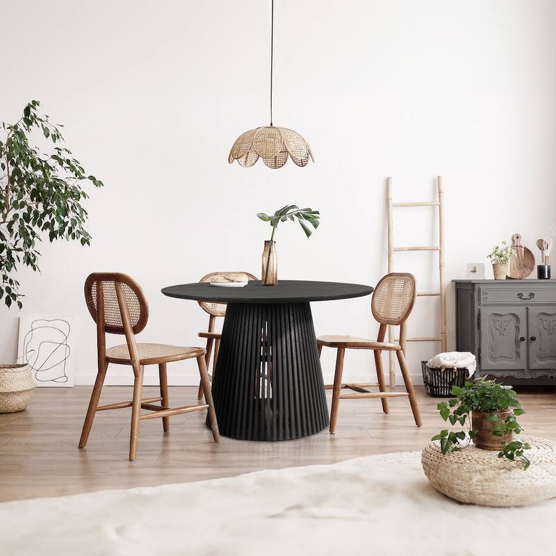 Ridge 47 Inch Handcrafted Mango Wood Round Dining Table, Slatted Flared Base, Black