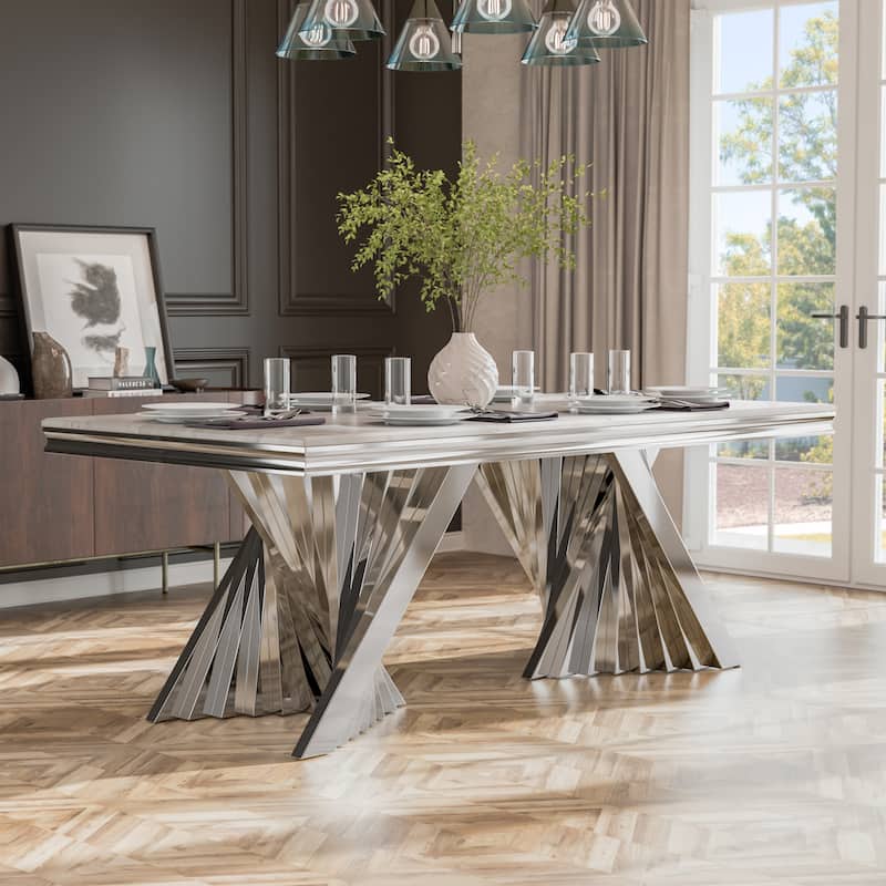 Furniture of America Thaddeus Glam 79-inch Sintered Stone Top Dining Table - Chrome