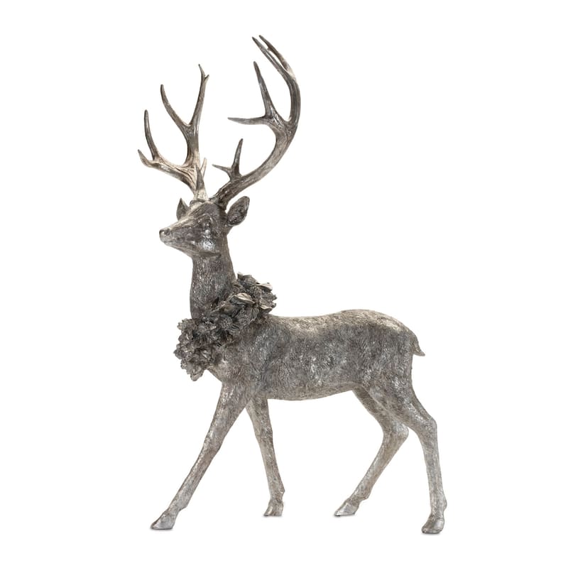 Festive Deer Figurines Set of 2 with Holly Wreaths for Christmas Display