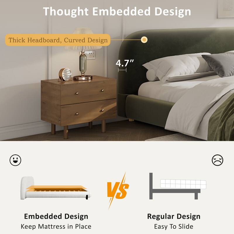 Roomfitters Modern King Platform Bed with Velvet Upholstery and Curved Headboard Design, Olive Green