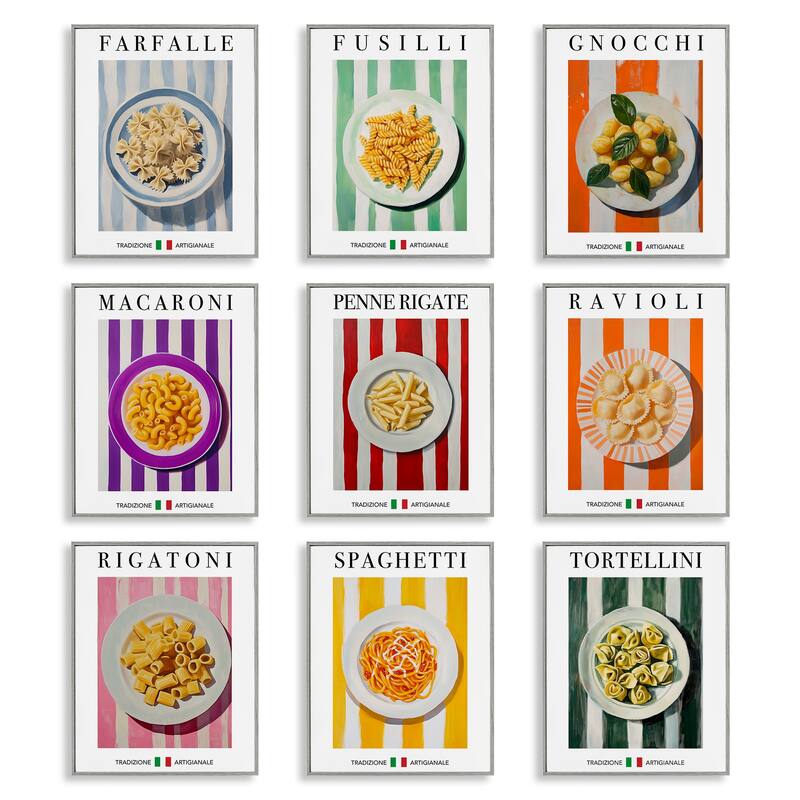 Stupell Traditional Pasta Plates Cuisine Framed Giclee Art Design By Andreas Magnusson (Set of 9) - 11 x 14 - Grey