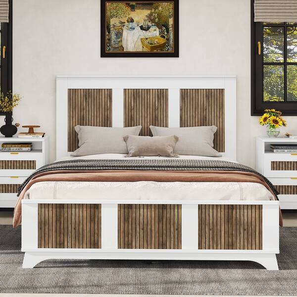 slide 2 of 10, Farmhouse Queen Size Wooden Platform Bed with Wooden Strip Decoration White