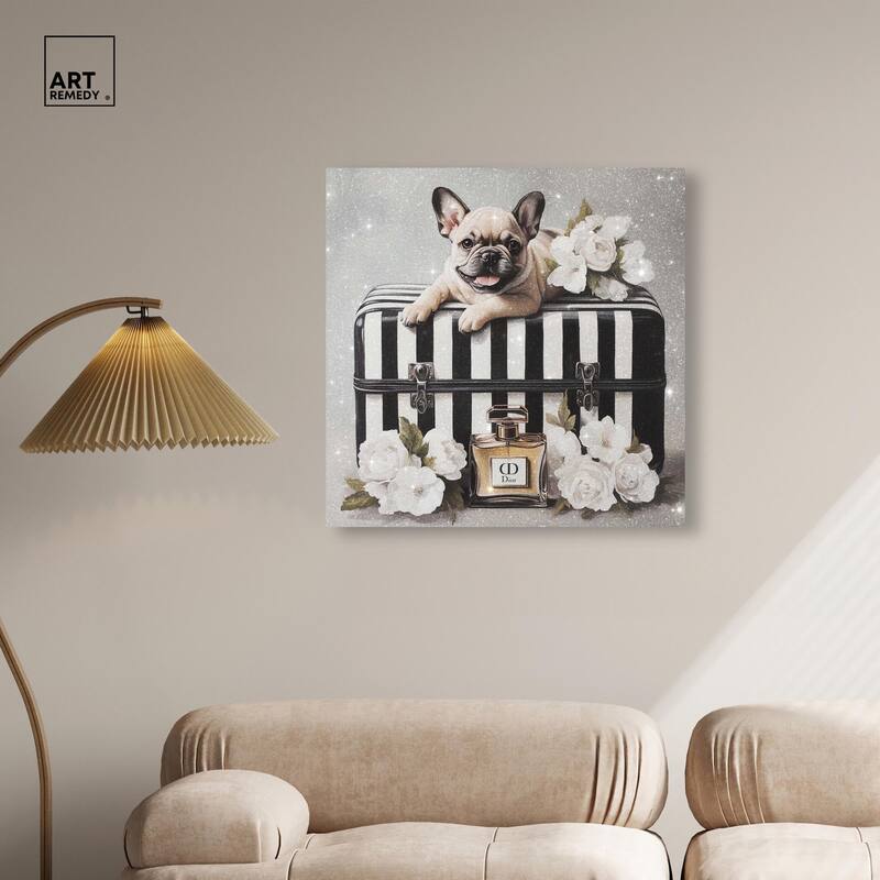 Frenchie Luggage Flowers Canvas by Art Remedy, Gallery Wrapped