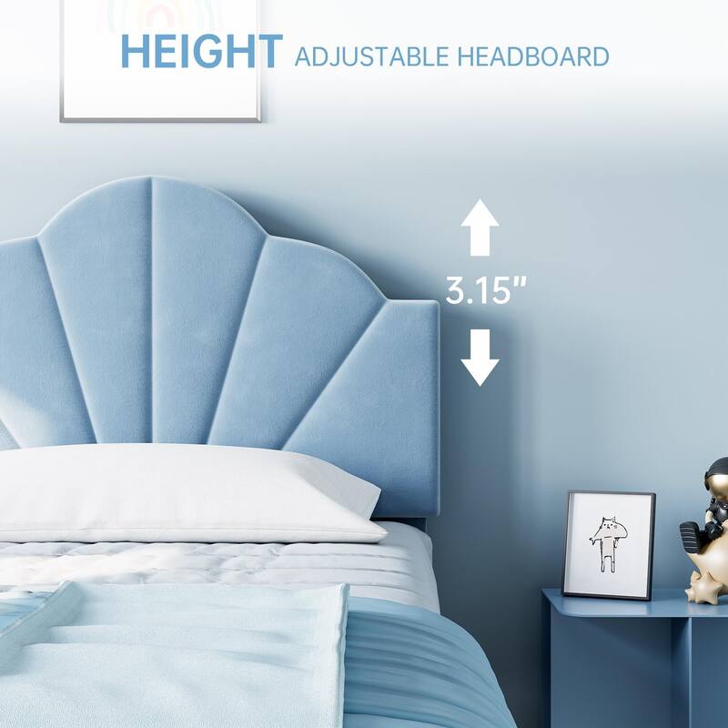 Velvet Upholstered Twin Platform Bed Frame, with Height Adjustable Headboard