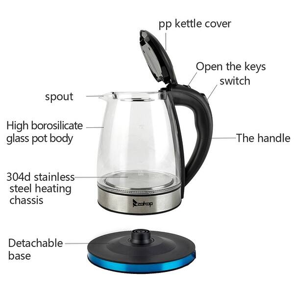 Electric Kettle 1500W Tea Kettle 1.8L Cordless Water Heater BPA-Free Auto Shut-Off /& Boil-Dry Protection Stainless Steel Glass Water Boiler With LED Blue Light Borosilicate Glass