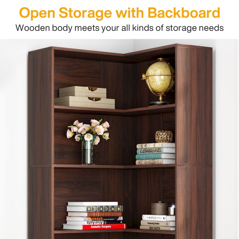 70.9 Ines Corner Bookcase, 6-Tiers L-Shaped Bookshelf Wood Display Shelf