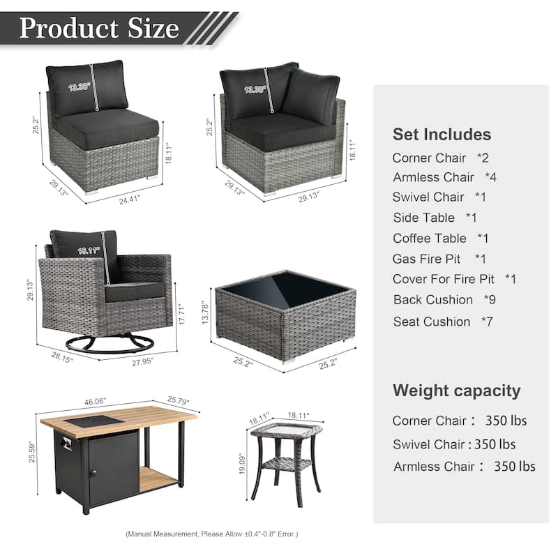 HOOOWOOO 10-piece Grey Rattan Patio Furniture Set with Fire Pit