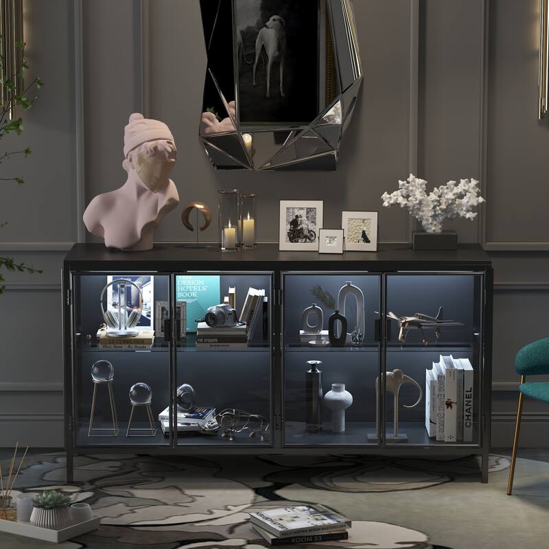 Display Storage Cabinet with Glass Shelves & Lighting Booshelf - 55.1"