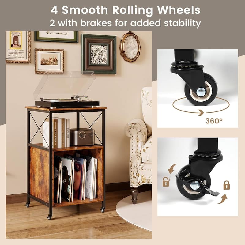 Record Player Stand w/Charging Station Storage Side Table on Wheels