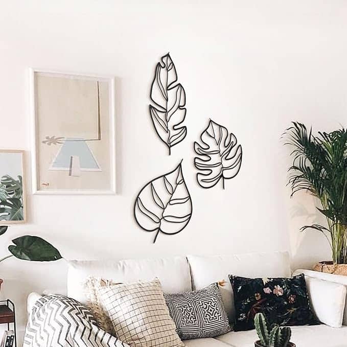 Leaves Metal Wall Art - Matte Black, Home Office and Living Room Decoration, Set of 3
