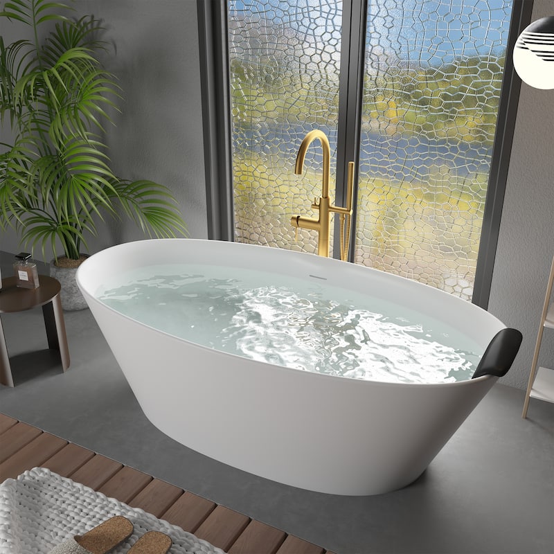 CASAINC 67" Resin Stone Solid Surface Soaking Stand Alone Bathtub Freestanding Bathtub in Matte White - 67 inch