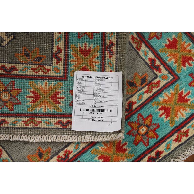 Gray Turquoise Kazak Oriental Foyer Rug Hand-Knotted Wool Carpet - 2'0"x 3'0"