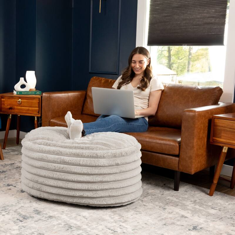 Large Faux Fur Ribbed Plush Pouf Ottoman - 35" - Gray