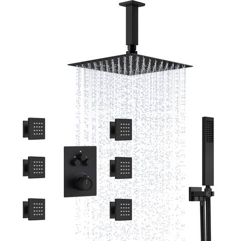 12" In Wall Rainfall 3 Way Thermostatic Faucet Shower System w/ 6 Body Jets