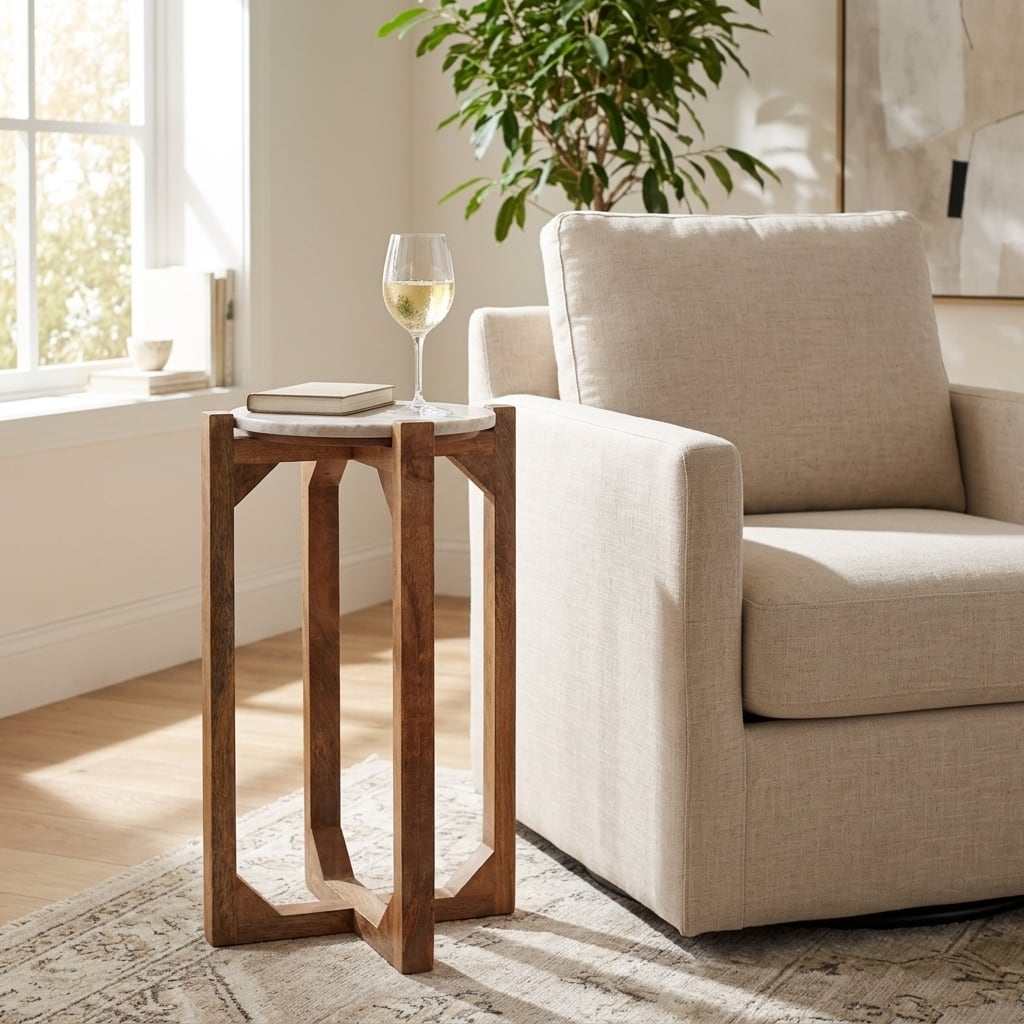 Modern Round Tabletop Marble and Wood Small Drink Table - 24", Brown