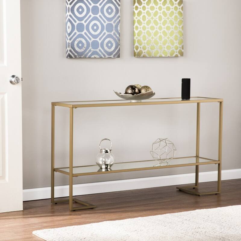 Clear Glass Gold Metal Console Table and Rectangular Sled Base with Shelves - 52” L x 12” W x 29” H