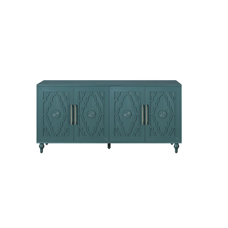 63'' Large Storage Cabinet with Metal Handle, Carved Flower Doors, Wooden Mordern Sideboard Console with Adjustable Shel