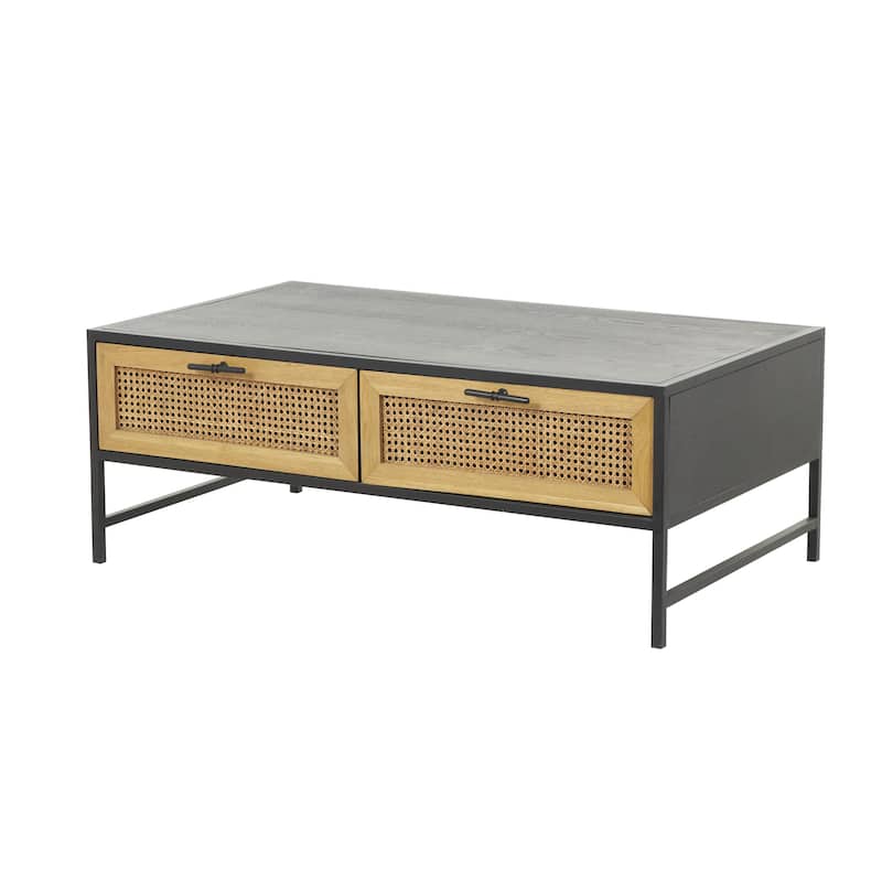 Wooden Handmade 2 Drawer Coffee Table with Rattan Drawer Fronts - Black - Roche River Decor - Black