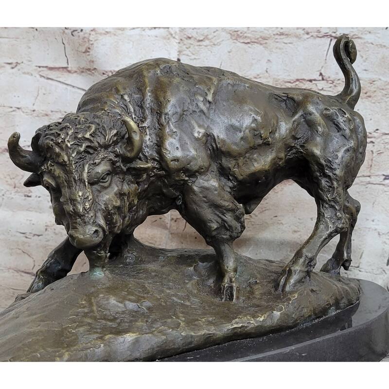 Bear Vs. American Buffalo Bison Bronze Metal Statue Sculpture On Marble Base