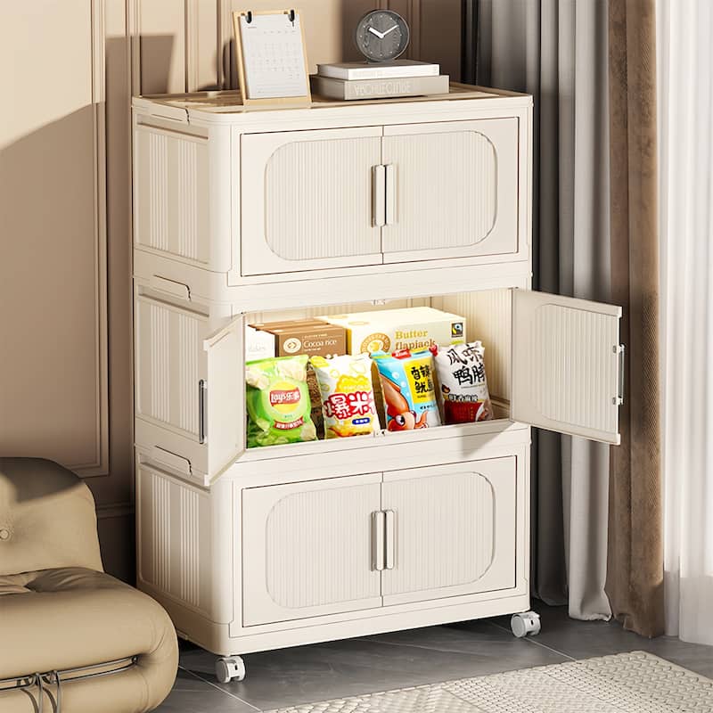 5 Tiers Cream White 19.69" Side Wide Folding Storage Cabinet