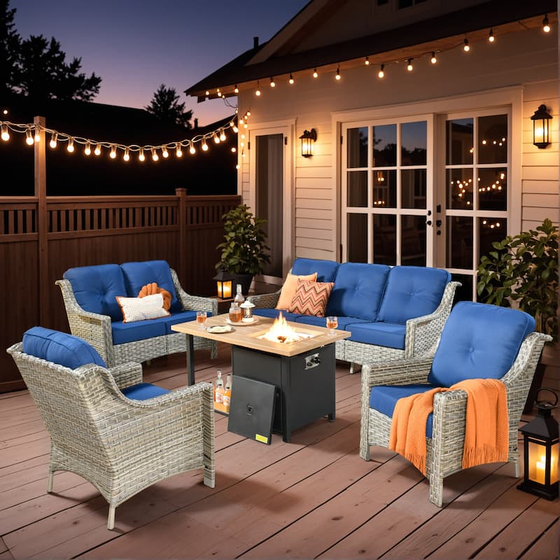 XIZZI 5-Piece Patio Wicker Furniture Conversation Set with Firepit