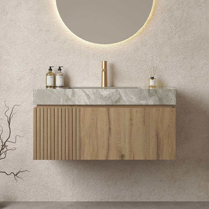 GDFStudio - Muri 36" Floating Bathroom Vanity with Light Gray Sintered Stone Countertop & Basin, WITHOUT Faucet - White Oak