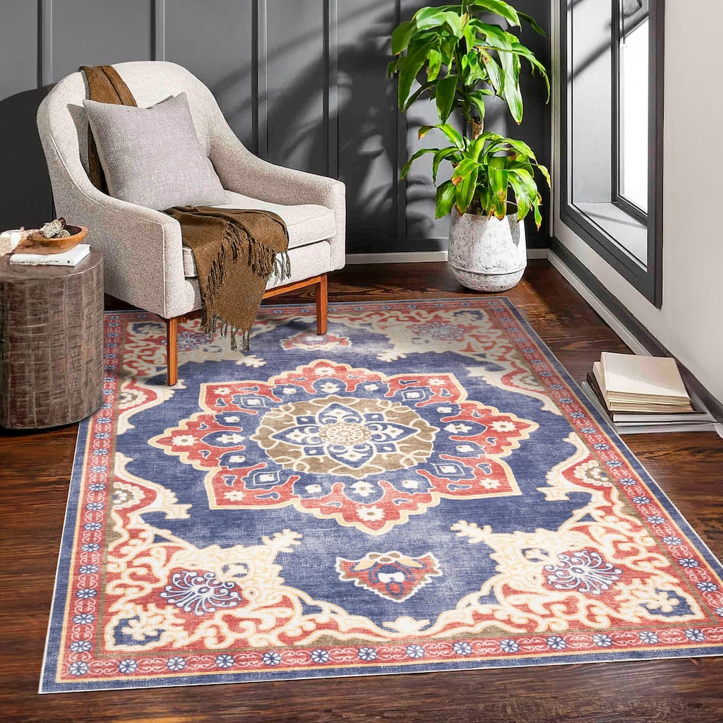 Machine Washable Collection Navy/Red/Beige Medallion Area Rug