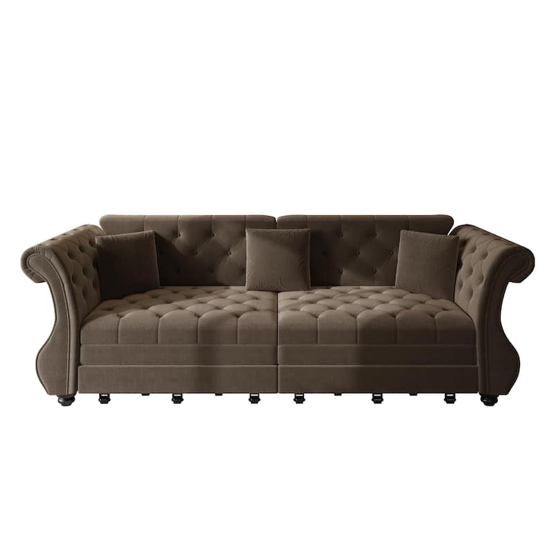 Chesterfield Pull Out Sofa Bed, Oversized 3-Seater/4-Seater Velvet Couch with Flared Arms, Convertible Sleeper Sofa