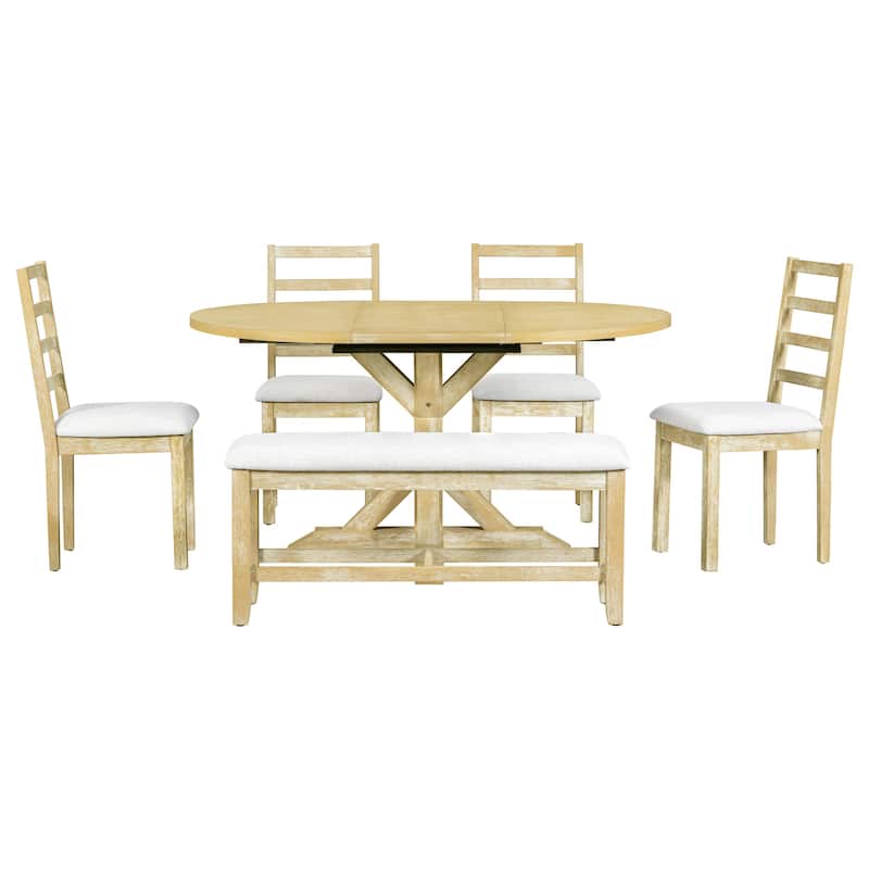 Farmhouse 6-Piece Extendable Dining Table Set with Removable Leaf and Versatile Dining Bench