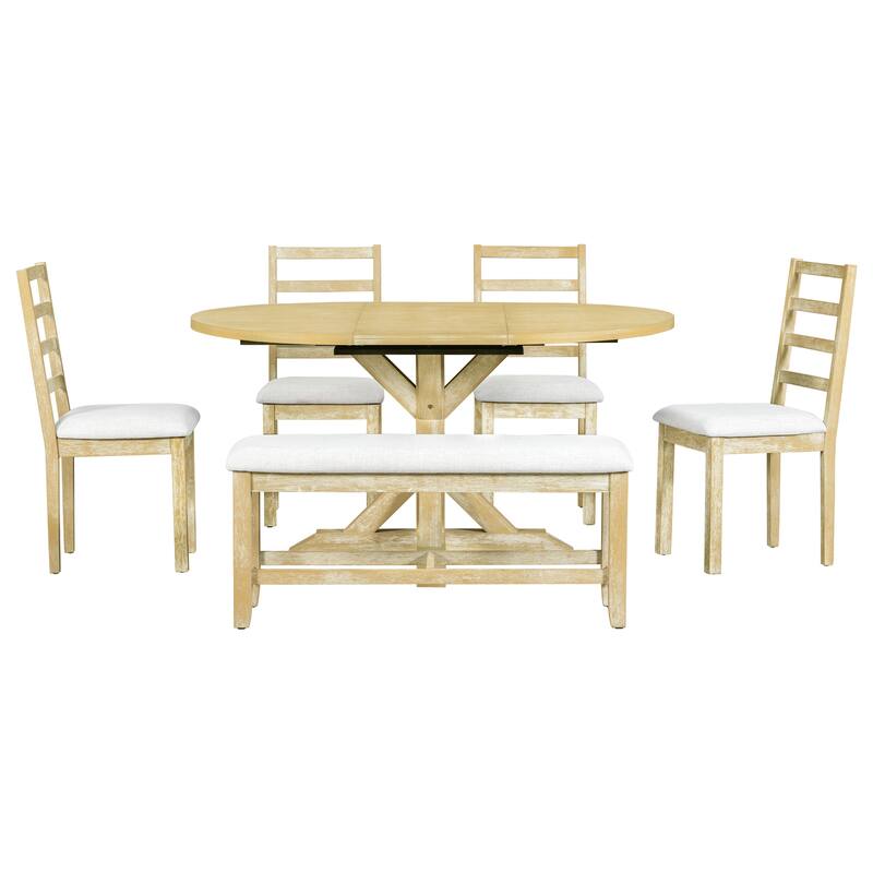 Roomfitters 6-Piece Dining Table Set, Oval Wood Kitchen Table, X-Base Pedestal, 4 Upholstered Chairs & Bench