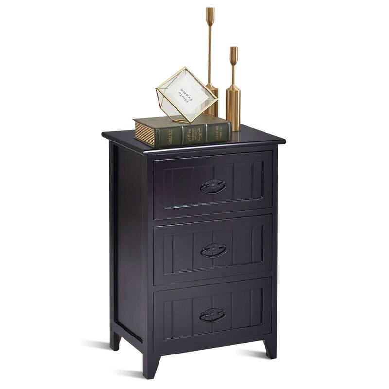 Gymax 3 Drawers Nightstand End Table Storage Wood Side Bedside Black - Black
