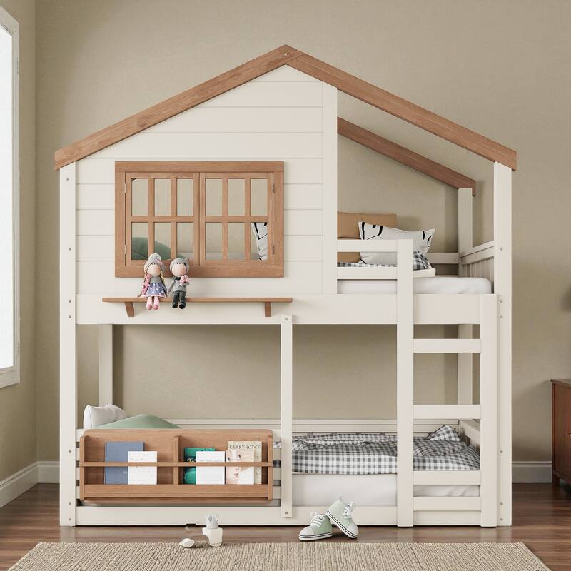 Twin/Full House Bunk Bed with Bookshelf, Safety Fence, Ladder and Loft Play Area, Wooden Kids Bed Frame