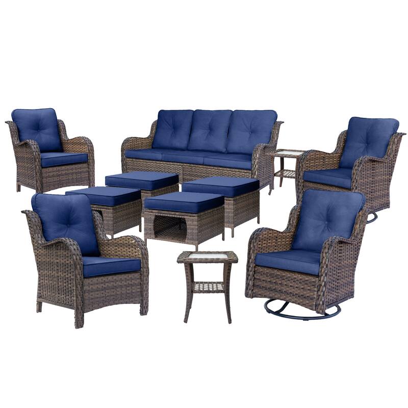 Rattan Wicker Outdoor Patio Furniture Sofa Set with Swivel Rocker Chairs