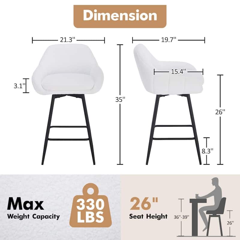 26" Counter Height Bar Stools Set of 2, 360° Swivel Upholstered Barstools for Kitchen Island