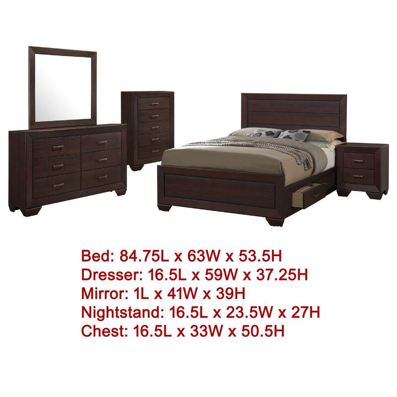 Bello 5pc Queen Size Bedroom Set, Underbed Drawers, Dark Cocoa Brown