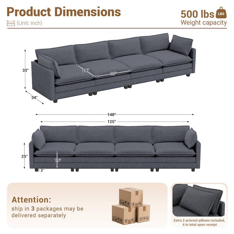 148" Overised 4 Seater Corduroy Clud Couch Modular Sectional Sofa for Living Room