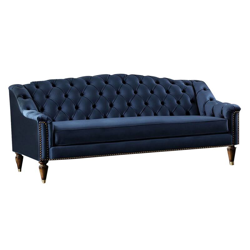Cin 91 Inch Sofa, Button Tufted Camelback, Bench Seat, Nailhead Trim Blue