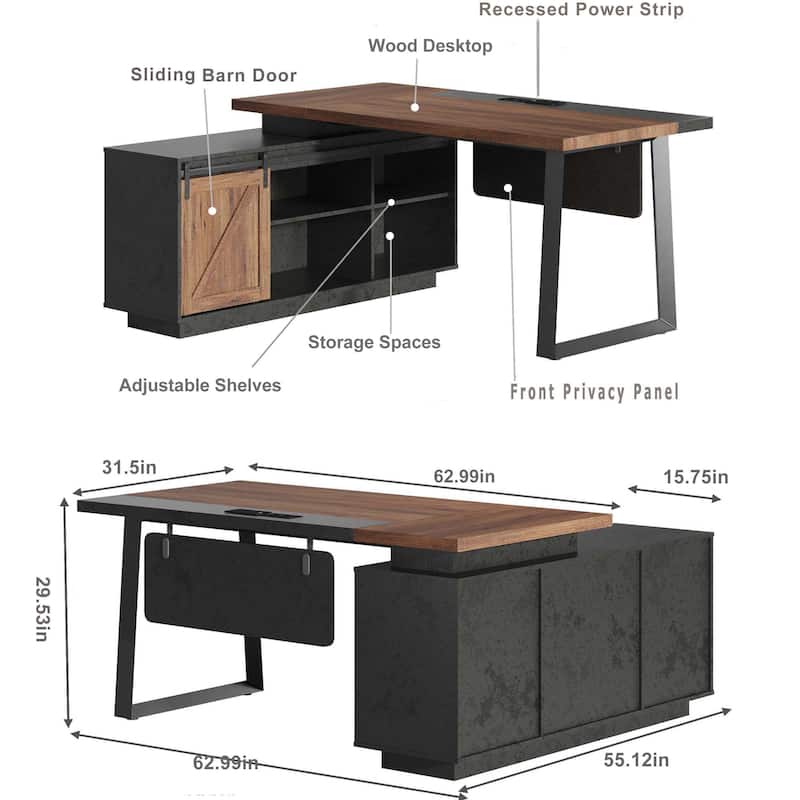 62.99" L-Shaped Executive Desk with Sliding Barn Door Storage Shelves Built-In USB Outlet