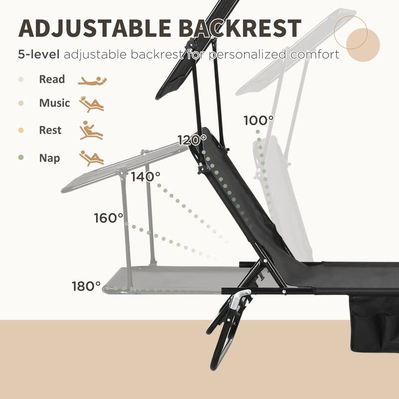 Outsunny Folding Chaise Lounge Pool Chairs, Set of 2 Outdoor Sun Tanning Chairs with Sunshade Face Guard