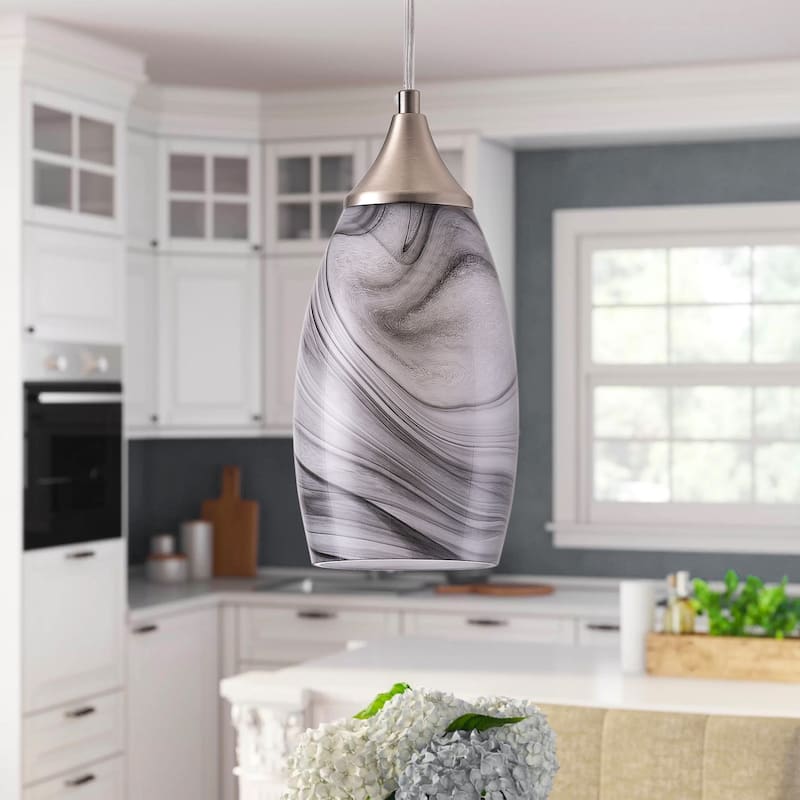 Modern Handblown Marble Art Glass Pendant Light Brushed Nickel Finished with Adjustable Cord - Grey