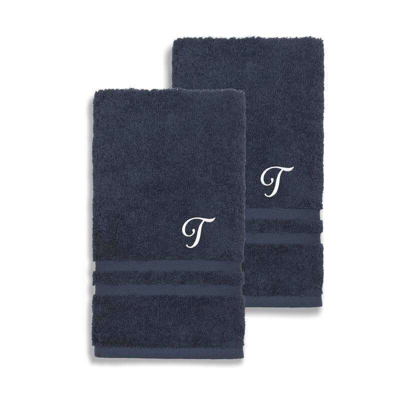 Authentic Hotel and Spa Omni Turkish Cotton Terry Set of 2 Navy Blue Hand Towels with White Script Monogrammed Initial - Navy Blue/T