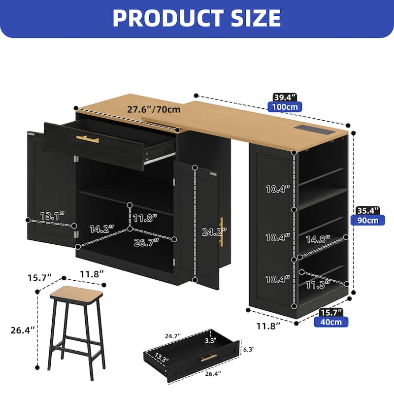 Moasis Kitchen Island with Seating & Extendable Dining Table,Mobile Storage Islands with 2 Chairs