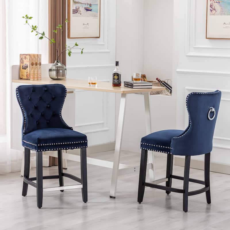 Carter 24" Wingback Tufted Nailhead Counter Stool (Set of 2) - Navy Blue