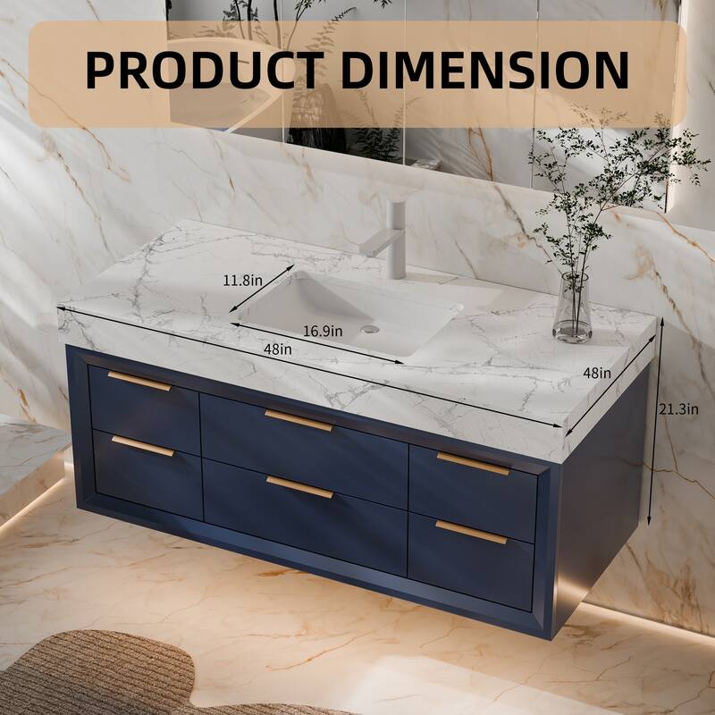 Modland 48" Modern Floating Bathroom Vanity with Single Sink, Soft-Close Drawers, White Stone Countertop