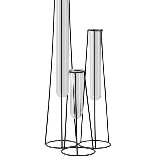 Urban Trends Metal Bud Vase Holder with Hanging Glass Tube Vases on Round Stand, Coated Finish - Black