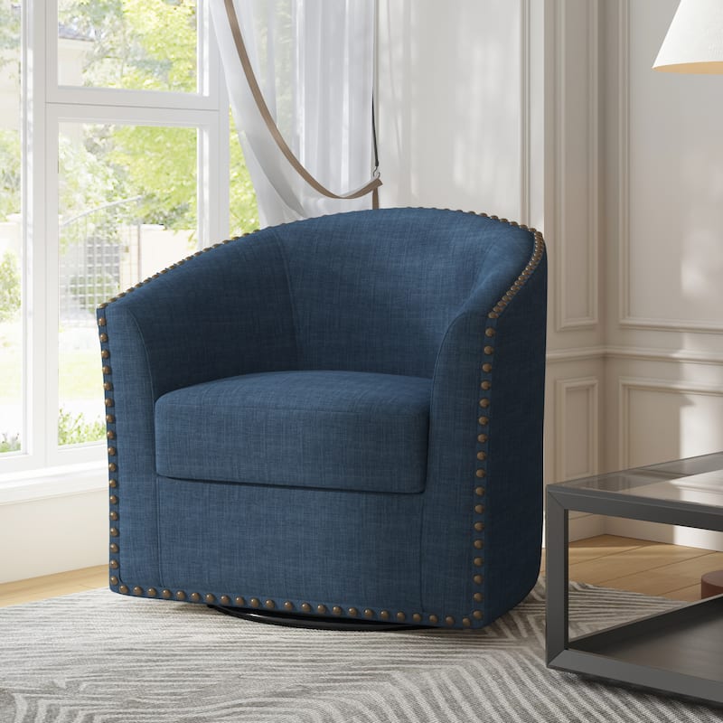 Modern Swivel Barrel Chair with Nailhead Trim - Blue