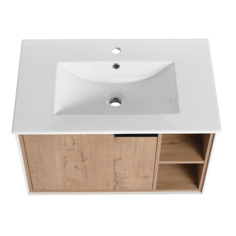 Modern 30'' Wall-Mounted Vanity with Ceramic Basin, Soft-Close Door, Durable Eco-Friendly Plywood - 30in L Plywood