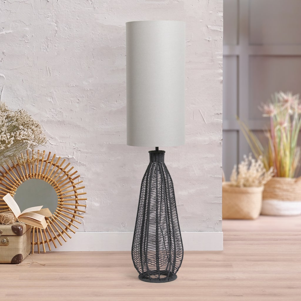 46.75" Tall Linen Floor Lamp with Foot Switch Boho Coastal Rattan Style Bedroom or Living Room Use