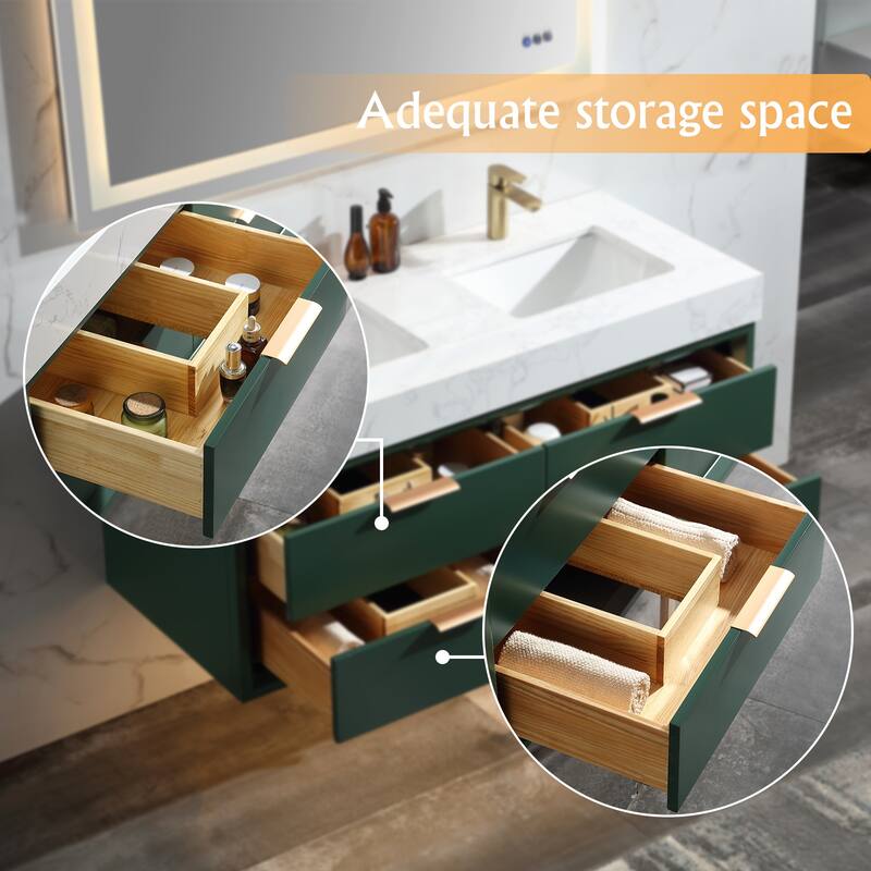 36/48/60 Modern LED Floating Bathroom Vanity with Single/Double Sink & Soft-Close Drawers & Waterproof, Green
